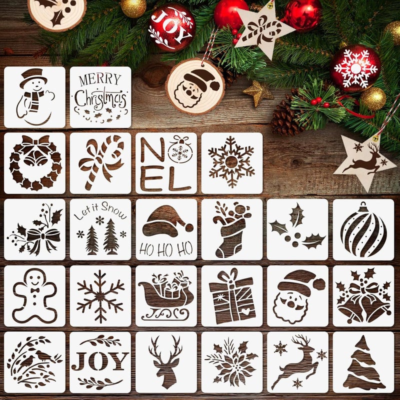 BANBBUR 24 Pcs Small Christmas Stencils 3x3 Inch for Painting on Wood Slice,DIY Christmas Ornaments - Image 1